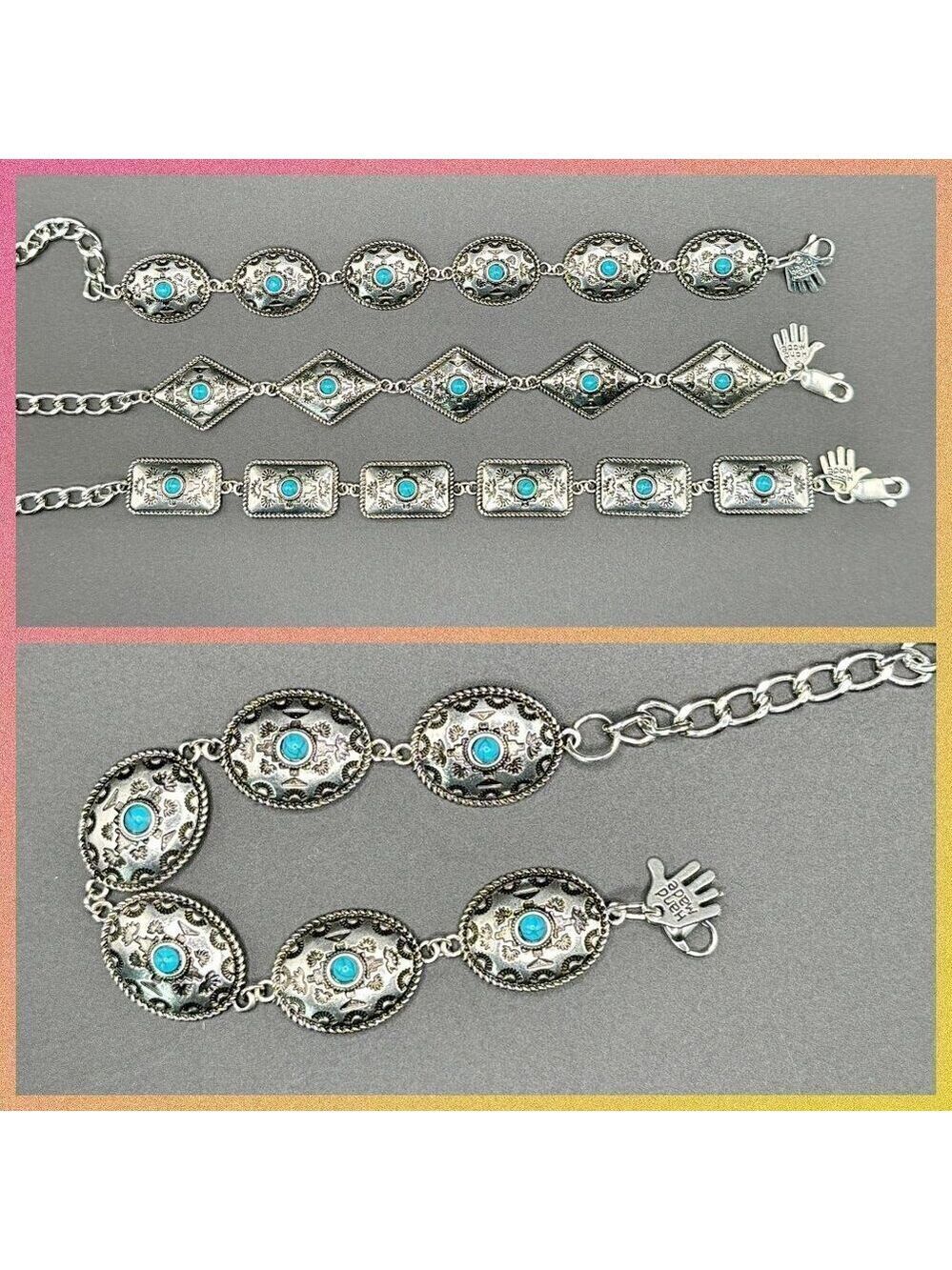 Faux Turquoise and Silver Tone Concho Chain Bracelet #1444